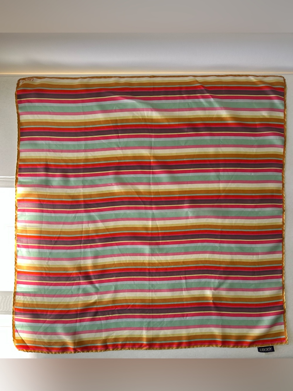 Vintage Liberty 100% Silk Twill Square Scarf Rainbow Multi-Stripe Hand Rolled 33